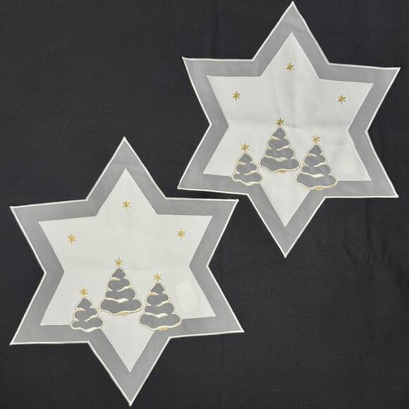 Set 2 German Embroidered Christmas Table Mats 15” Star Shaped Trees Gold Thread - Picture 1 of 5